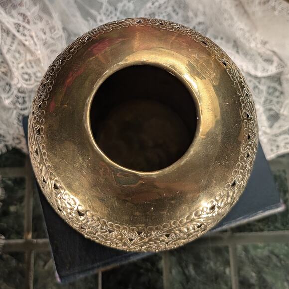 9.5" Tall Vintage Pierced Floral Design Solid Brass Vase, Handmade in India - Picture 7 of 8